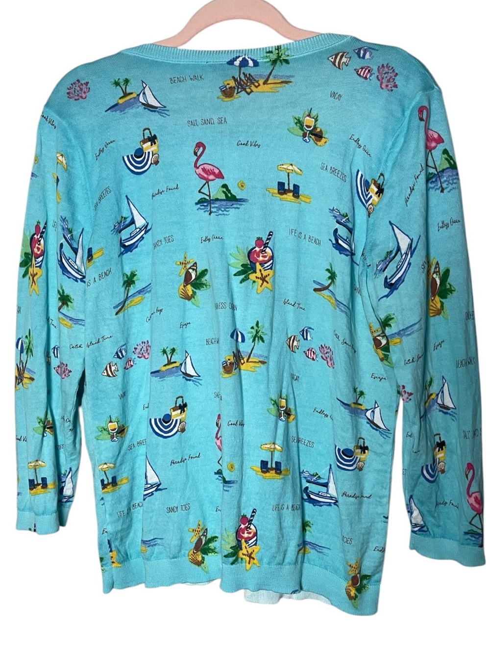 Talbots Life Is A Beach Coastal Novelty Print Cardigan Sweater Blue Size L - Picture 3 of 5